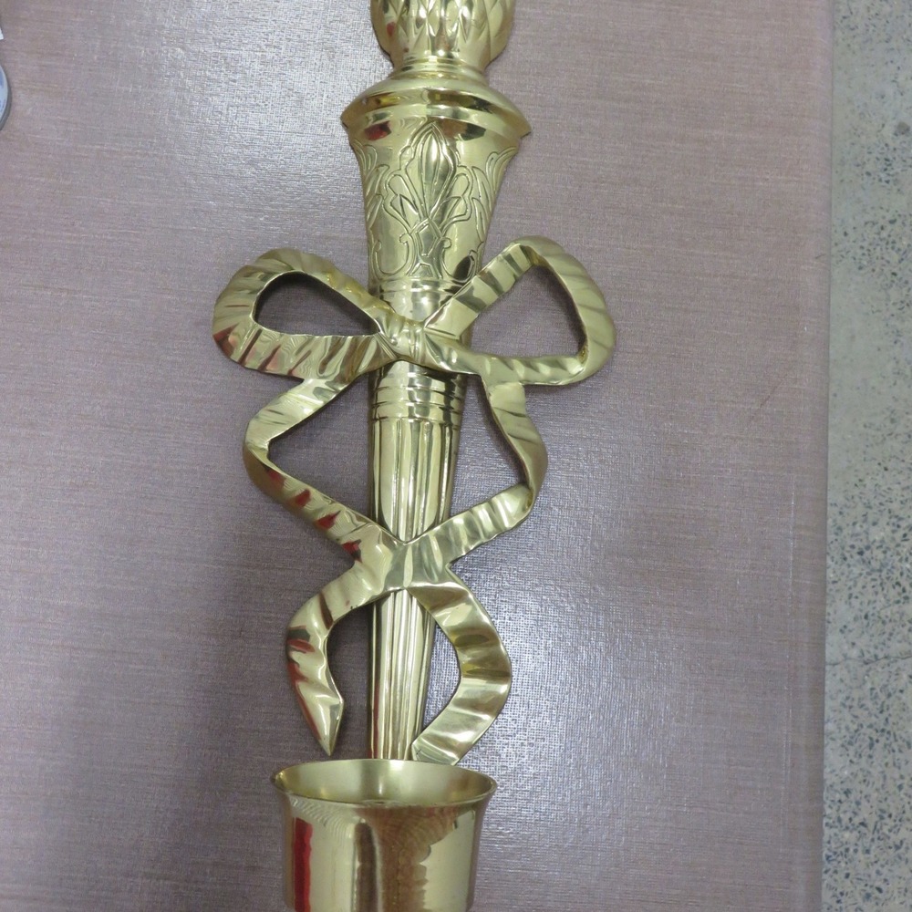 Vintage Brass Wall Sconce Candle Holder Torch Ribbon Bow Pineapple Finial Gold